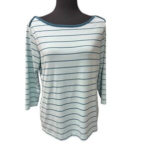 L.L. Bean Teal and White Striped 3/4 Sleeve Top Size M-Pet